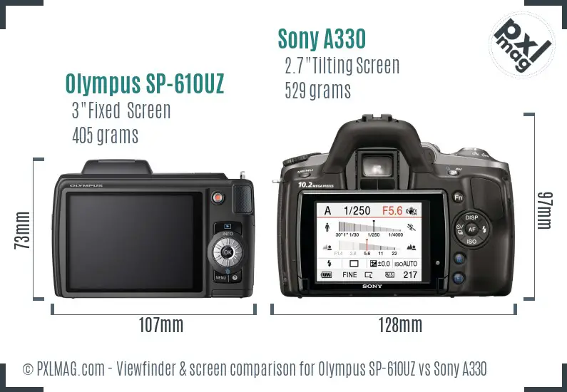 Olympus SP-610UZ vs Sony A330 Screen and Viewfinder comparison