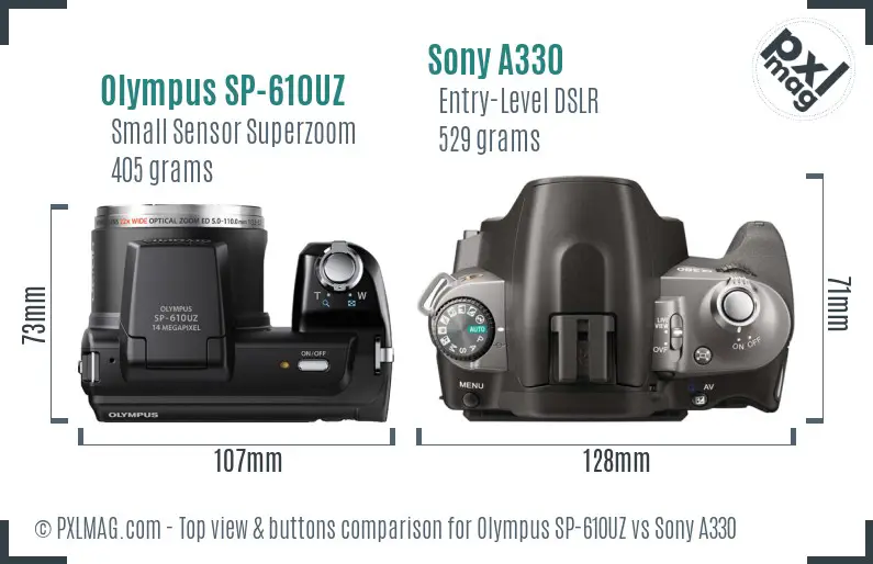 Olympus SP-610UZ vs Sony A330 top view buttons comparison