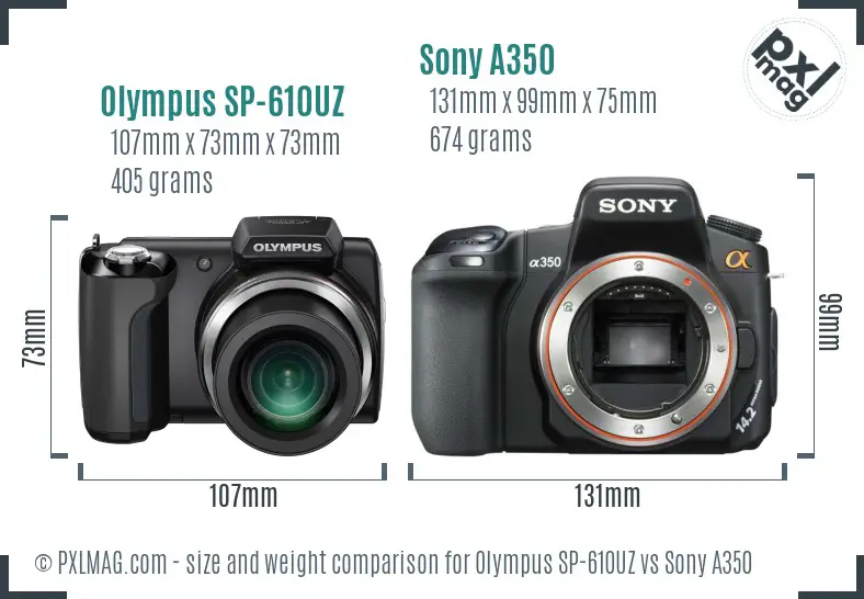 Olympus SP-610UZ vs Sony A350 size comparison