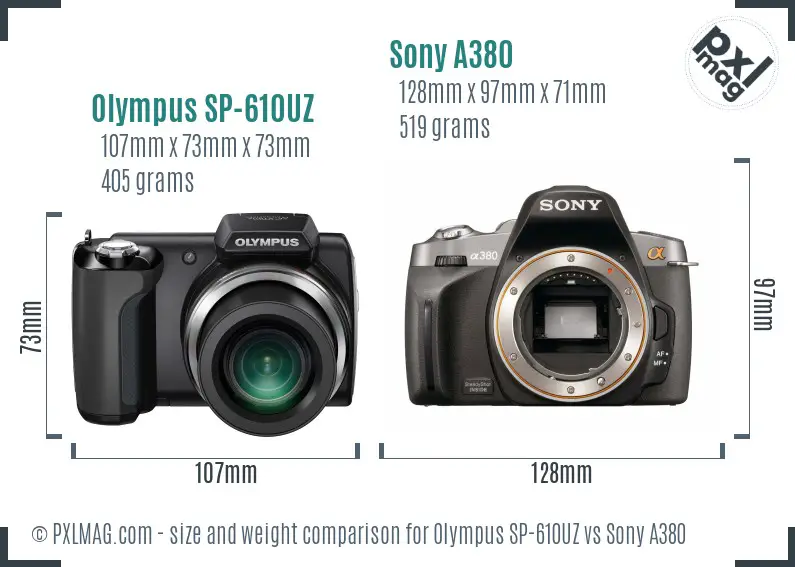 Olympus SP-610UZ vs Sony A380 size comparison