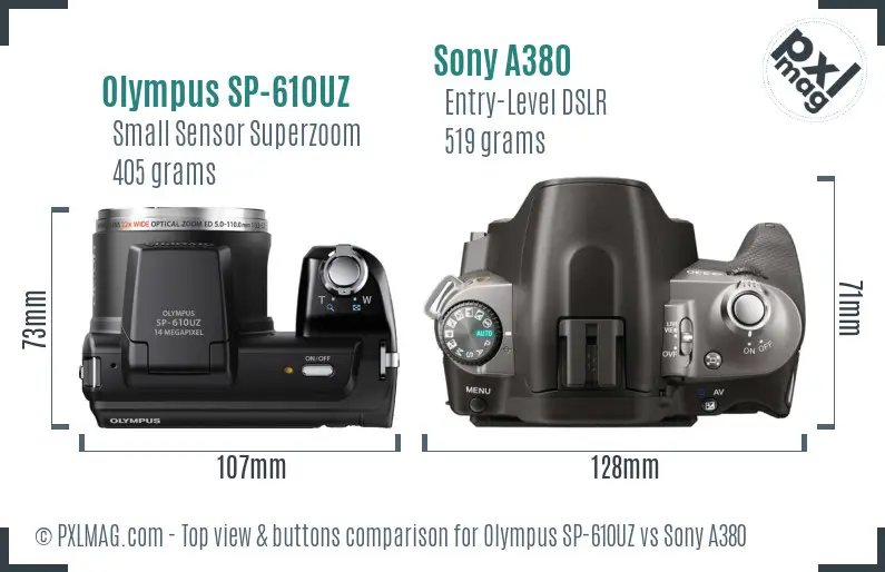 Olympus SP-610UZ vs Sony A380 top view buttons comparison