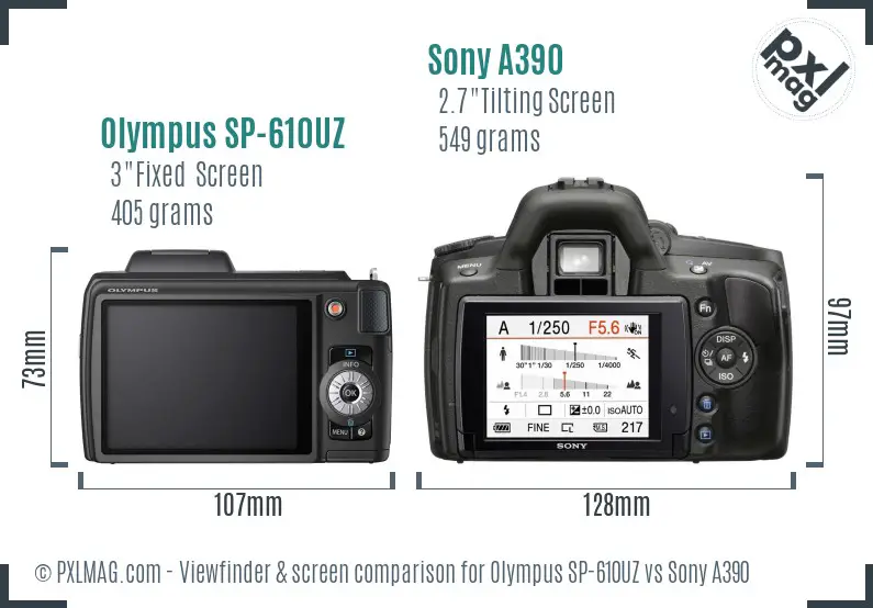 Olympus SP-610UZ vs Sony A390 Screen and Viewfinder comparison