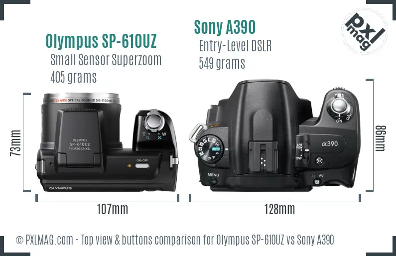 Olympus SP-610UZ vs Sony A390 top view buttons comparison