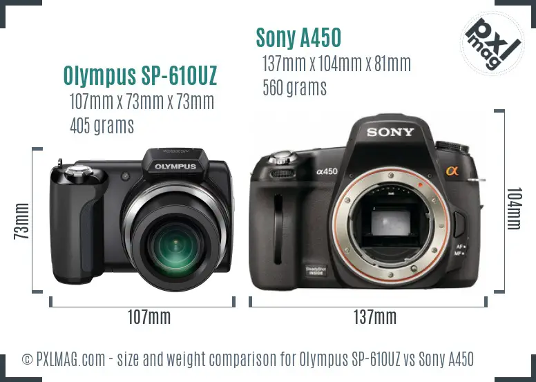 Olympus SP-610UZ vs Sony A450 size comparison