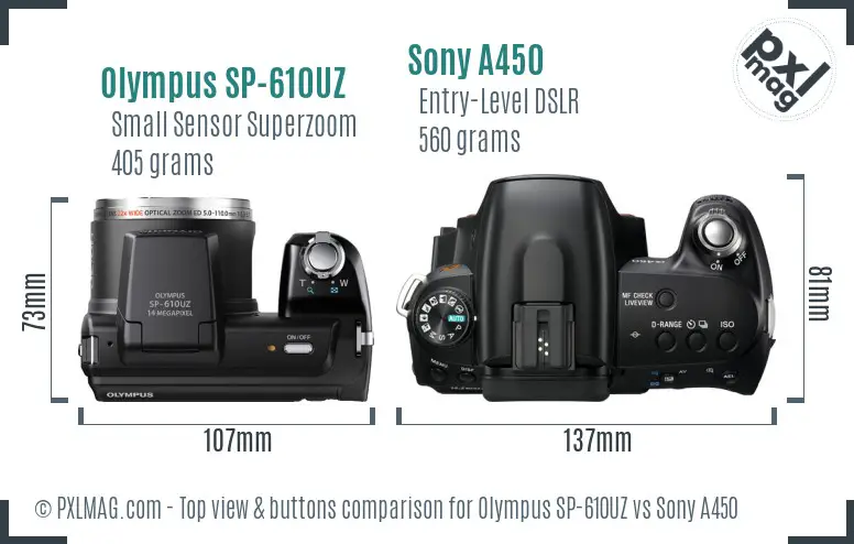 Olympus SP-610UZ vs Sony A450 top view buttons comparison