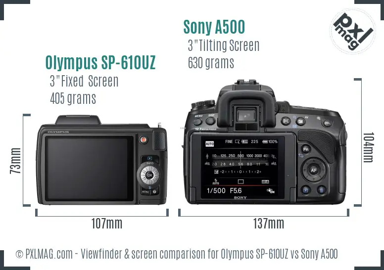 Olympus SP-610UZ vs Sony A500 Screen and Viewfinder comparison