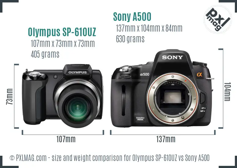 Olympus SP-610UZ vs Sony A500 size comparison
