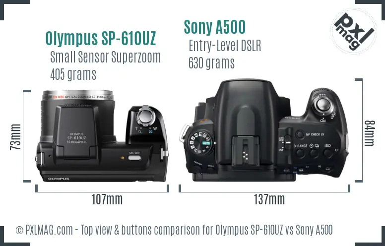 Olympus SP-610UZ vs Sony A500 top view buttons comparison