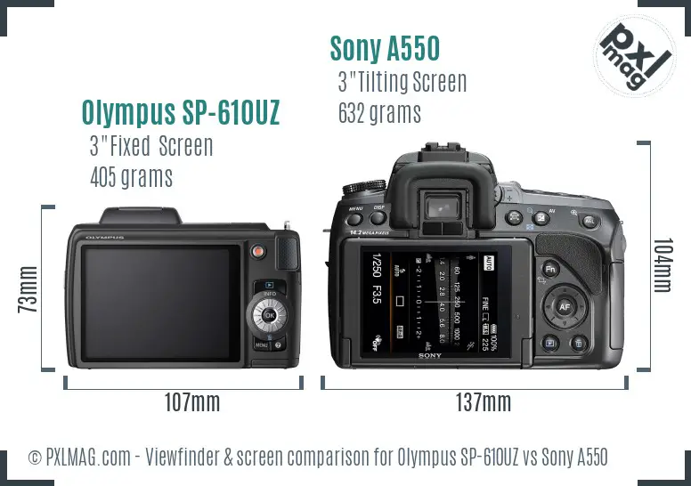 Olympus SP-610UZ vs Sony A550 Screen and Viewfinder comparison