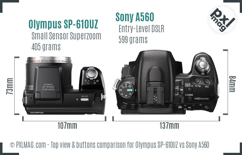 Olympus SP-610UZ vs Sony A560 top view buttons comparison