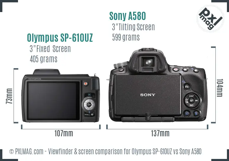 Olympus SP-610UZ vs Sony A580 Screen and Viewfinder comparison