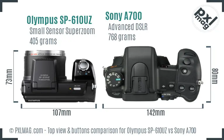 Olympus SP-610UZ vs Sony A700 top view buttons comparison