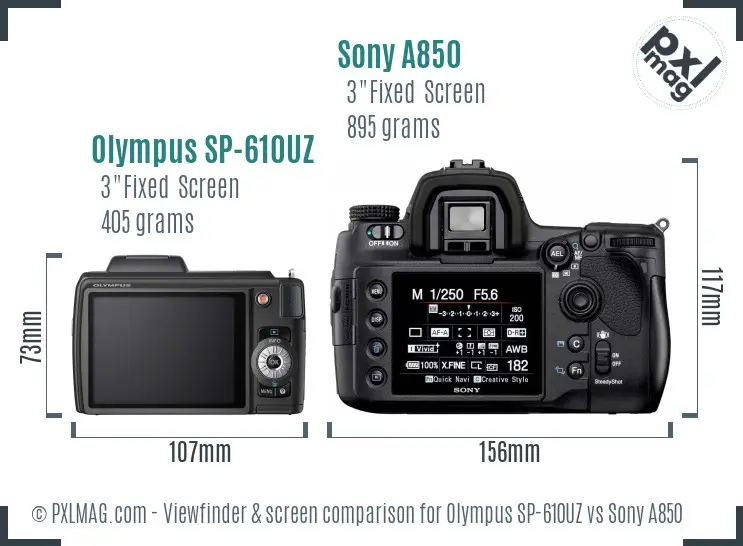 Olympus SP-610UZ vs Sony A850 Screen and Viewfinder comparison