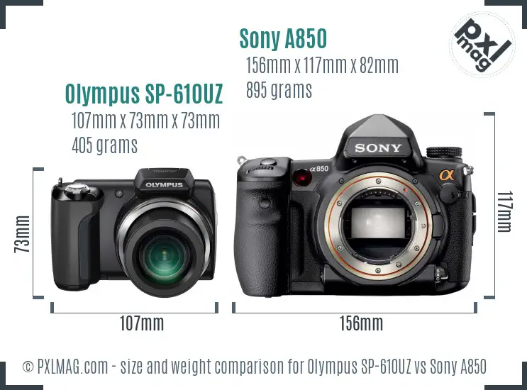 Olympus SP-610UZ vs Sony A850 size comparison