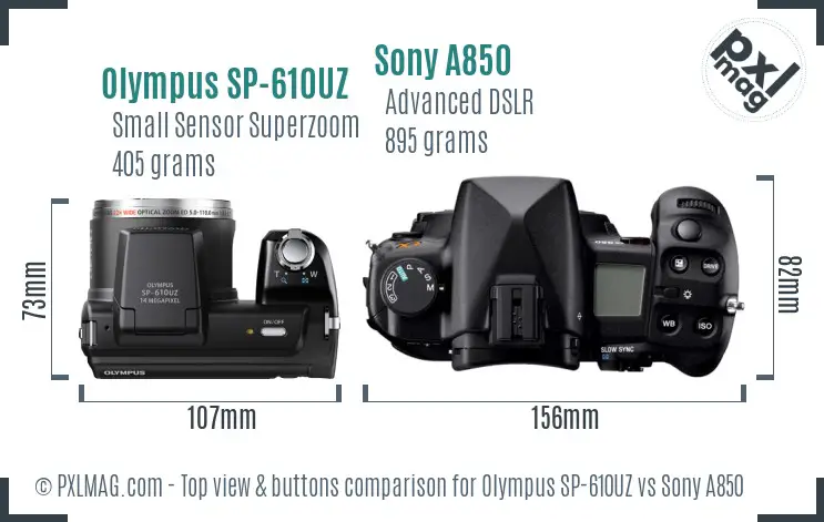 Olympus SP-610UZ vs Sony A850 top view buttons comparison