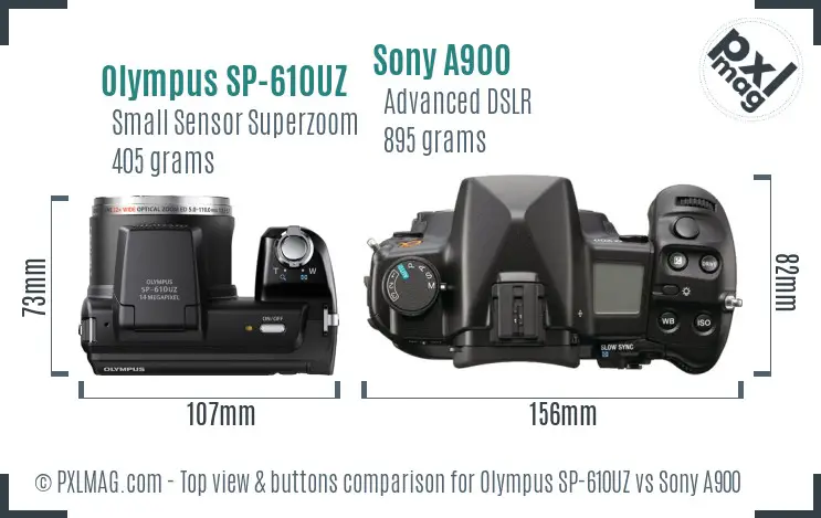 Olympus SP-610UZ vs Sony A900 top view buttons comparison