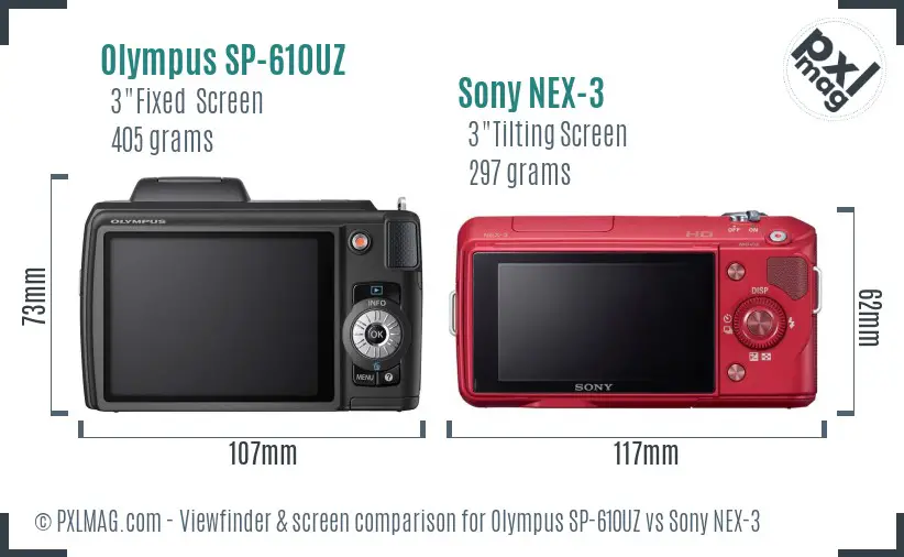 Olympus SP-610UZ vs Sony NEX-3 Screen and Viewfinder comparison