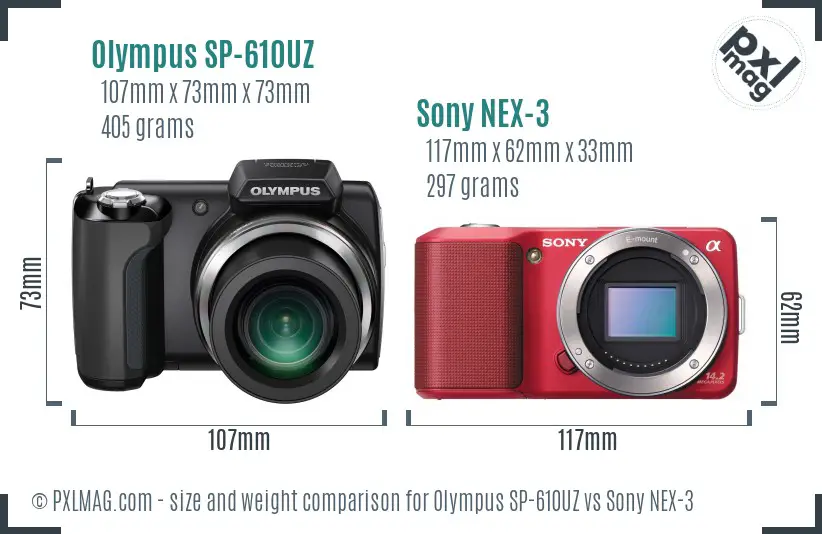 Olympus SP-610UZ vs Sony NEX-3 size comparison