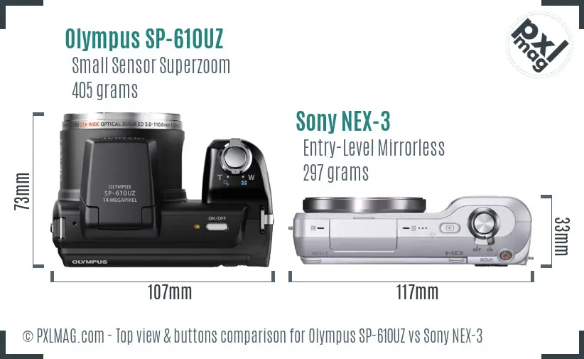 Olympus SP-610UZ vs Sony NEX-3 top view buttons comparison