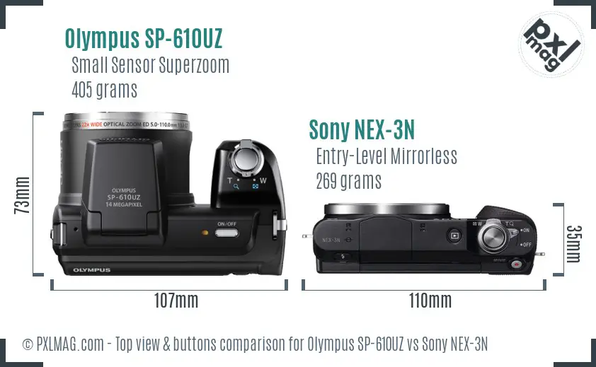 Olympus SP-610UZ vs Sony NEX-3N top view buttons comparison