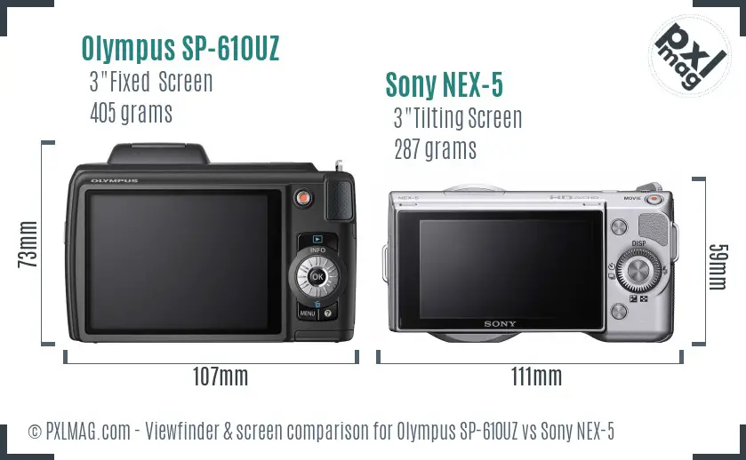 Olympus SP-610UZ vs Sony NEX-5 Screen and Viewfinder comparison