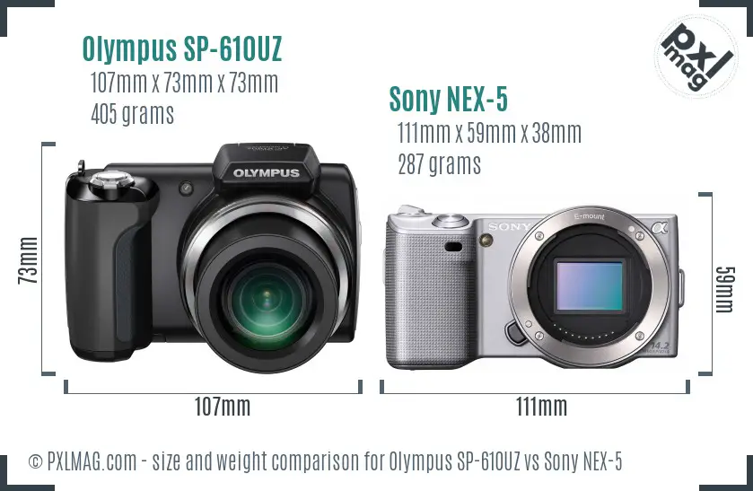 Olympus SP-610UZ vs Sony NEX-5 size comparison