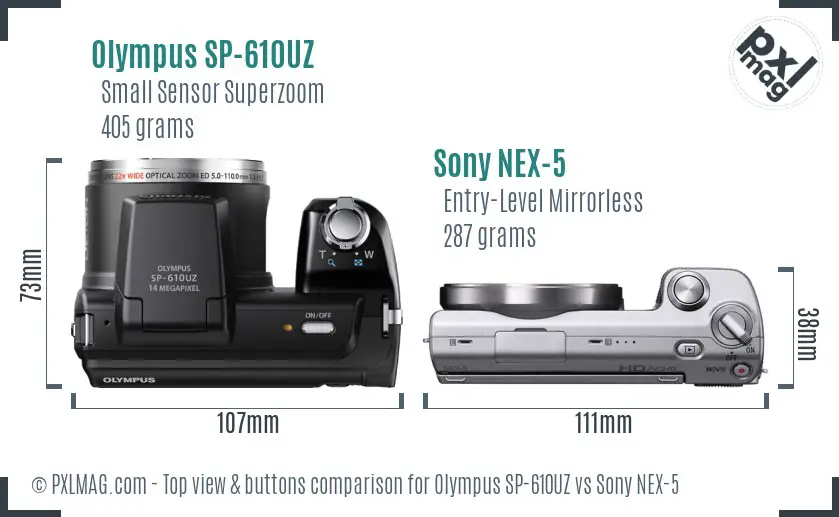 Olympus SP-610UZ vs Sony NEX-5 top view buttons comparison