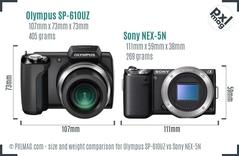 Olympus SP-610UZ vs Sony NEX-5N size comparison