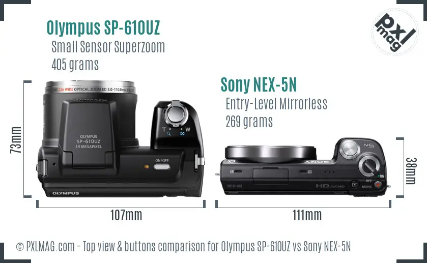 Olympus SP-610UZ vs Sony NEX-5N top view buttons comparison