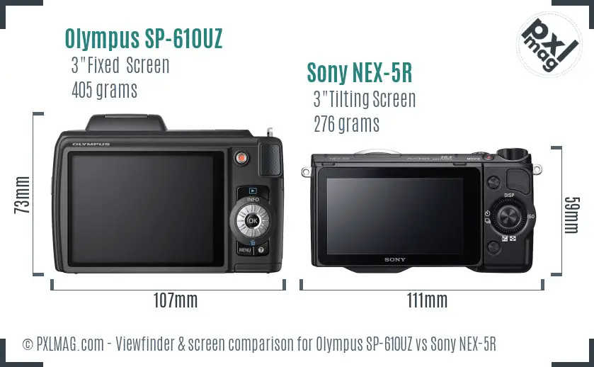 Olympus SP-610UZ vs Sony NEX-5R Screen and Viewfinder comparison