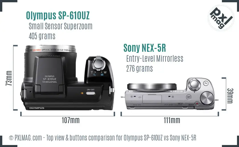 Olympus SP-610UZ vs Sony NEX-5R top view buttons comparison