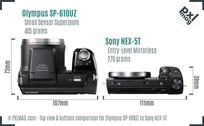 Olympus SP-610UZ vs Sony NEX-5T top view buttons comparison