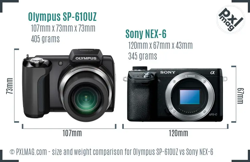 Olympus SP-610UZ vs Sony NEX-6 size comparison