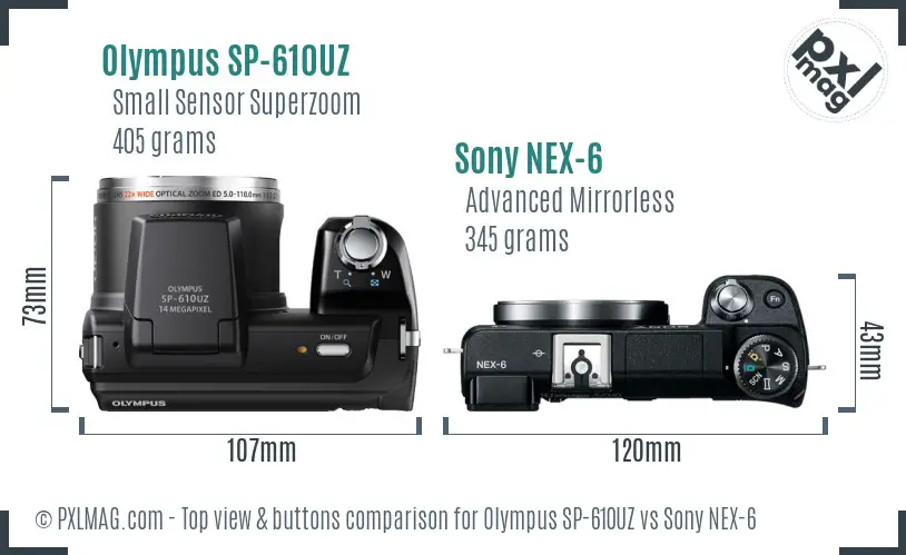 Olympus SP-610UZ vs Sony NEX-6 top view buttons comparison