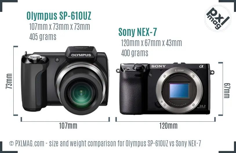 Olympus SP-610UZ vs Sony NEX-7 size comparison