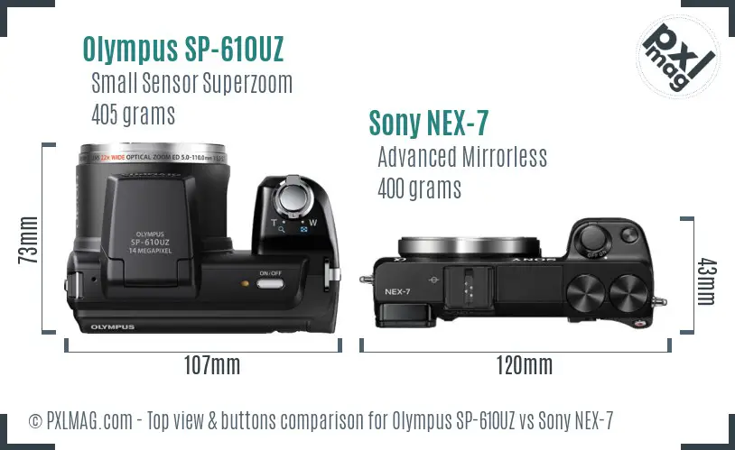 Olympus SP-610UZ vs Sony NEX-7 top view buttons comparison