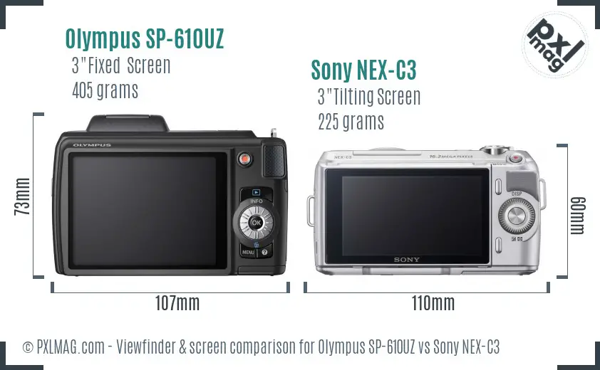 Olympus SP-610UZ vs Sony NEX-C3 Screen and Viewfinder comparison