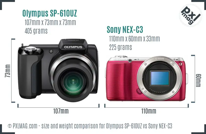 Olympus SP-610UZ vs Sony NEX-C3 size comparison