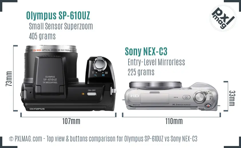 Olympus SP-610UZ vs Sony NEX-C3 top view buttons comparison