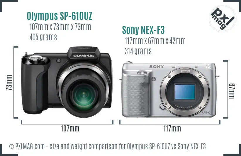 Olympus SP-610UZ vs Sony NEX-F3 size comparison