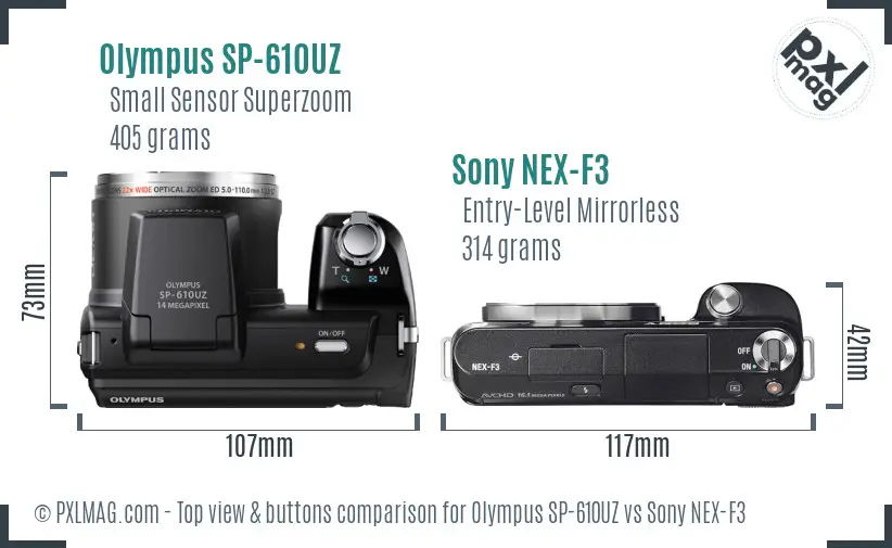 Olympus SP-610UZ vs Sony NEX-F3 top view buttons comparison