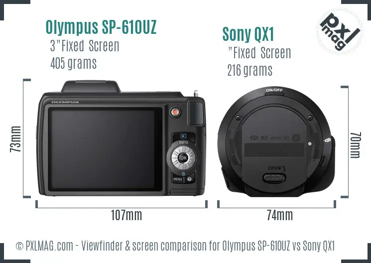 Olympus SP-610UZ vs Sony QX1 Screen and Viewfinder comparison