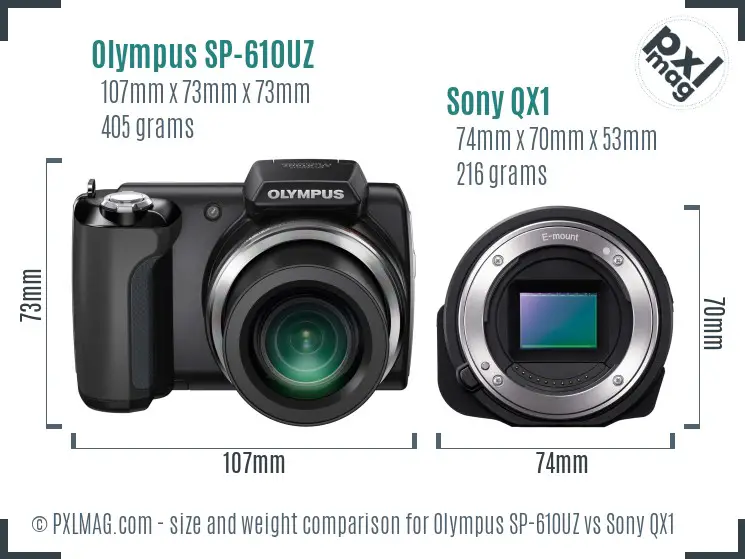 Olympus SP-610UZ vs Sony QX1 size comparison