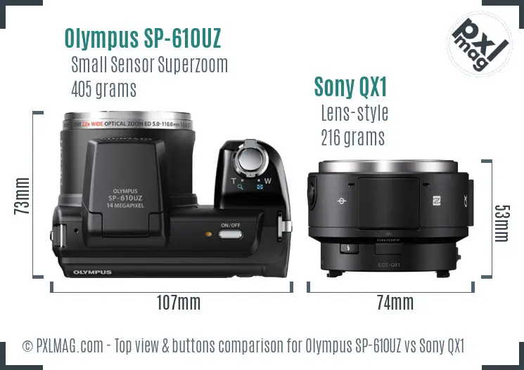 Olympus SP-610UZ vs Sony QX1 top view buttons comparison