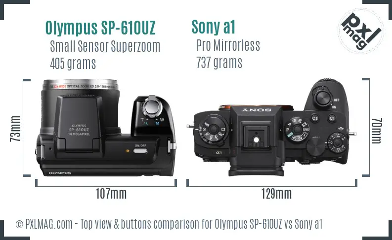 Olympus SP-610UZ vs Sony a1 top view buttons comparison Olympus SP-610UZ vs Sony a1 top view buttons comparison