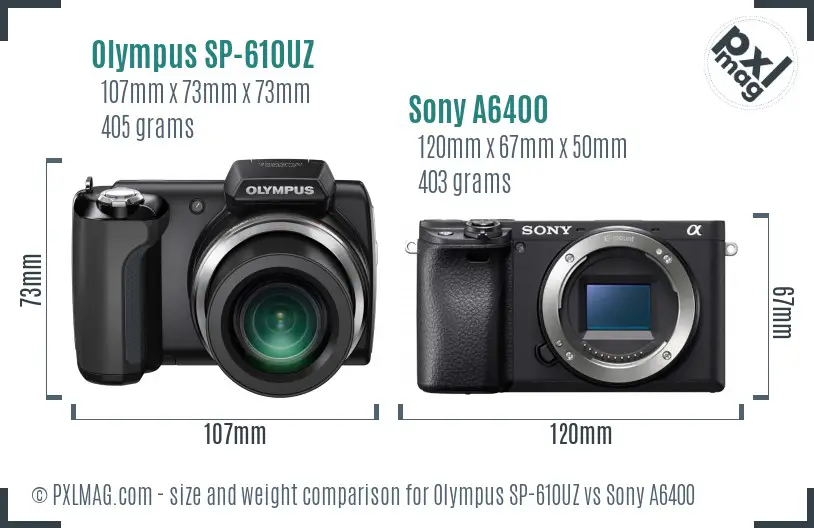 Olympus SP-610UZ vs Sony A6400 size comparison