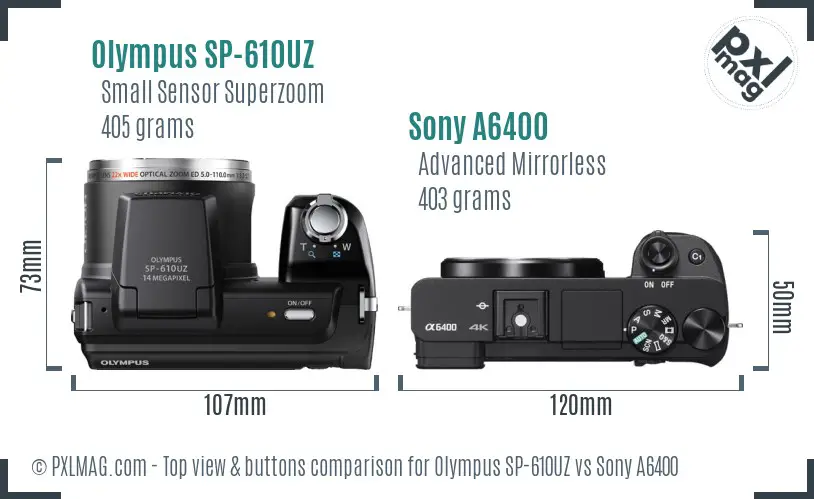 Olympus SP-610UZ vs Sony A6400 top view buttons comparison