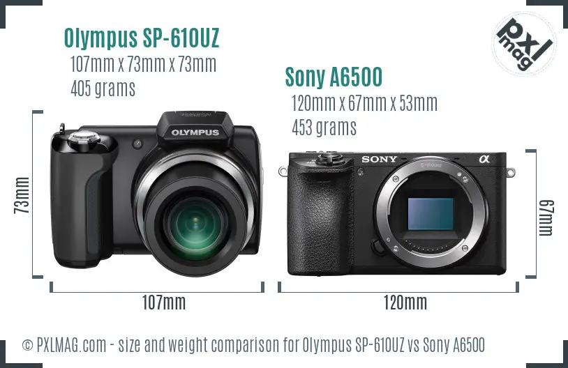 Olympus SP-610UZ vs Sony A6500 size comparison