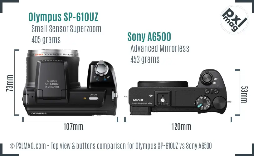 Olympus SP-610UZ vs Sony A6500 top view buttons comparison