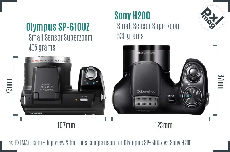 Olympus SP-610UZ vs Sony H200 top view buttons comparison